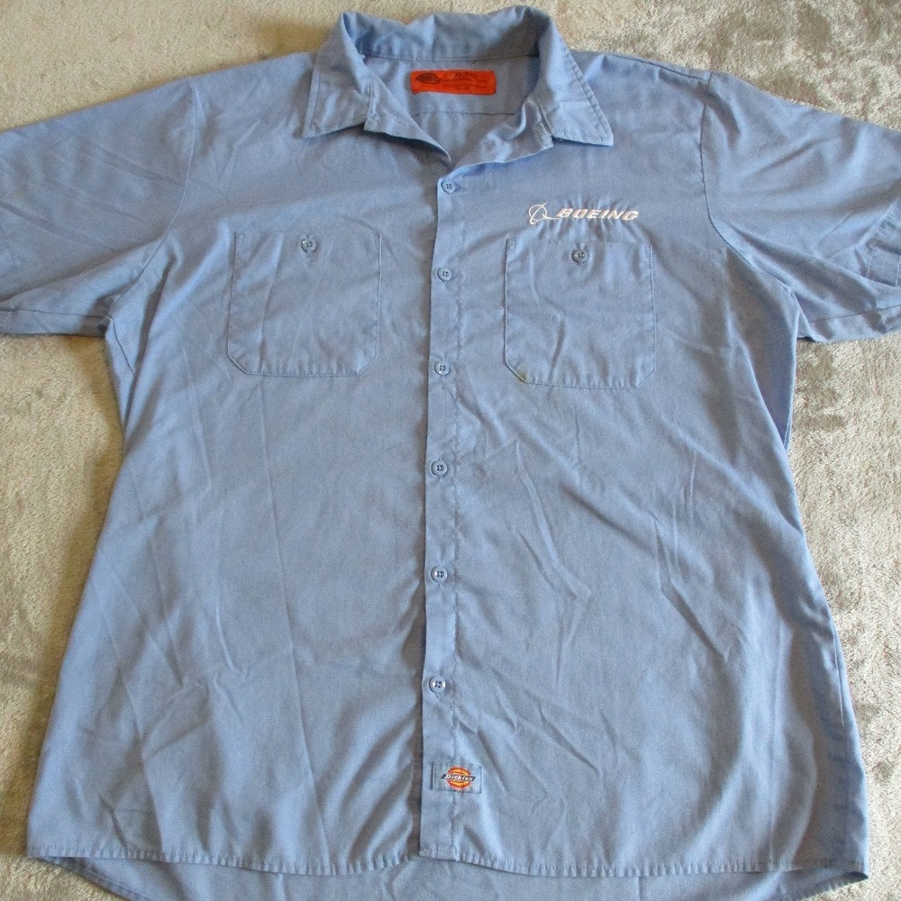 Boeing Shirt Mens XL Blue Button Up Aircraft Mechanic Pilot Short Sleeve Mens